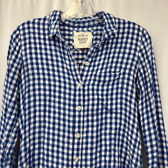 SO Womens Long Sleeve Button Down Blue/White Check Perfect Shirt Relaxed Fit S - Picture 2 of 8